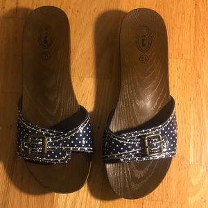 Dr. Scholls Navy Blue And white polka dot clogs.